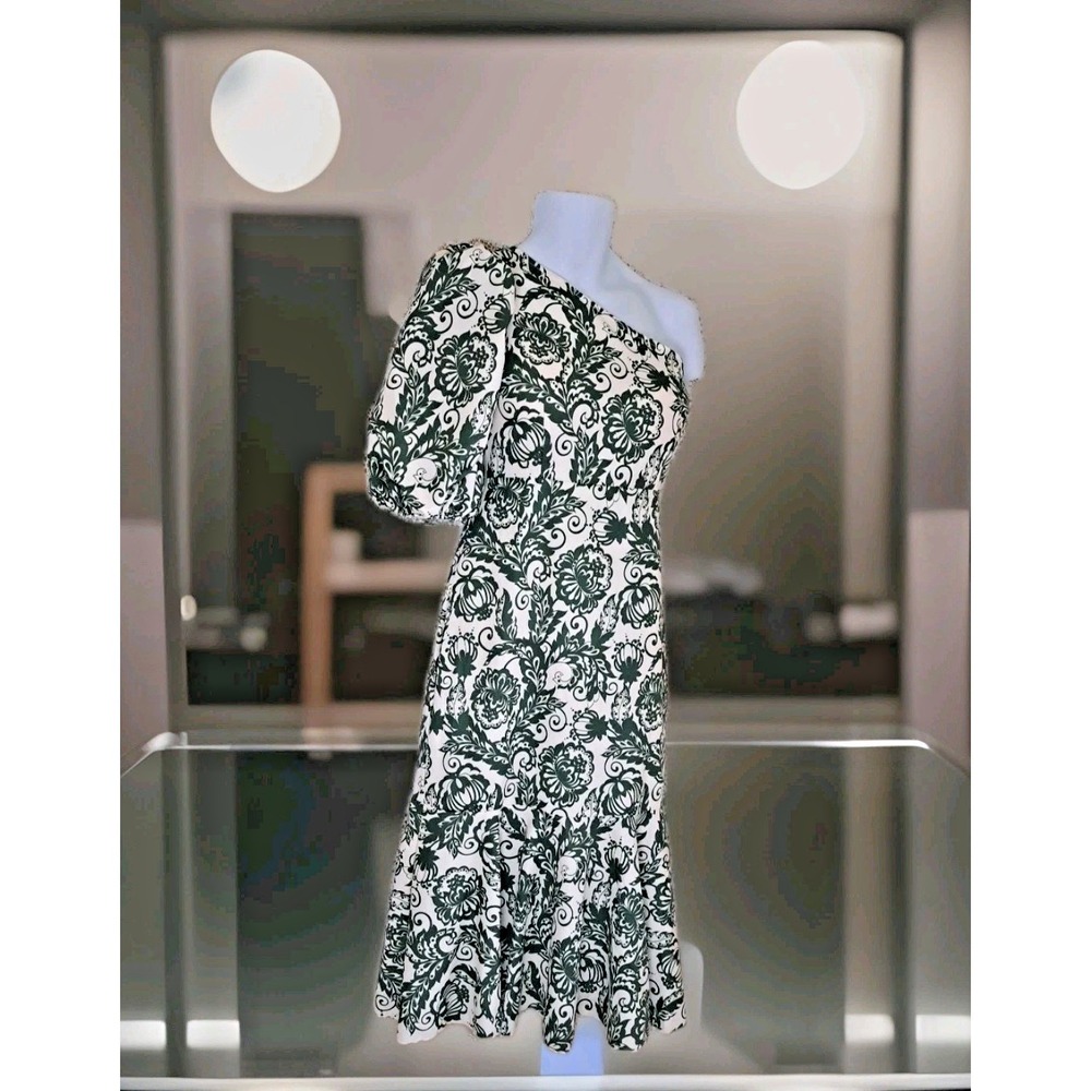Shein One Shoulder Mermaid Midi Dress L Green Floral Puff Sleeve Side Zip Ruffle